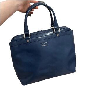 IACUCCI Italian Blue Leather Large Satchel Top Bag with Double Handles